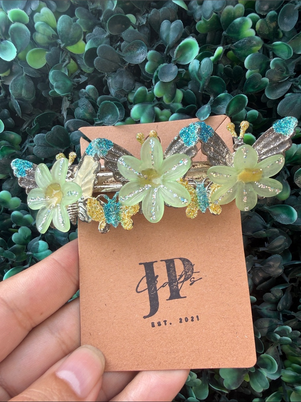 Repurposed Vintage Green Floral & Glitter Butterfly Hair Clip